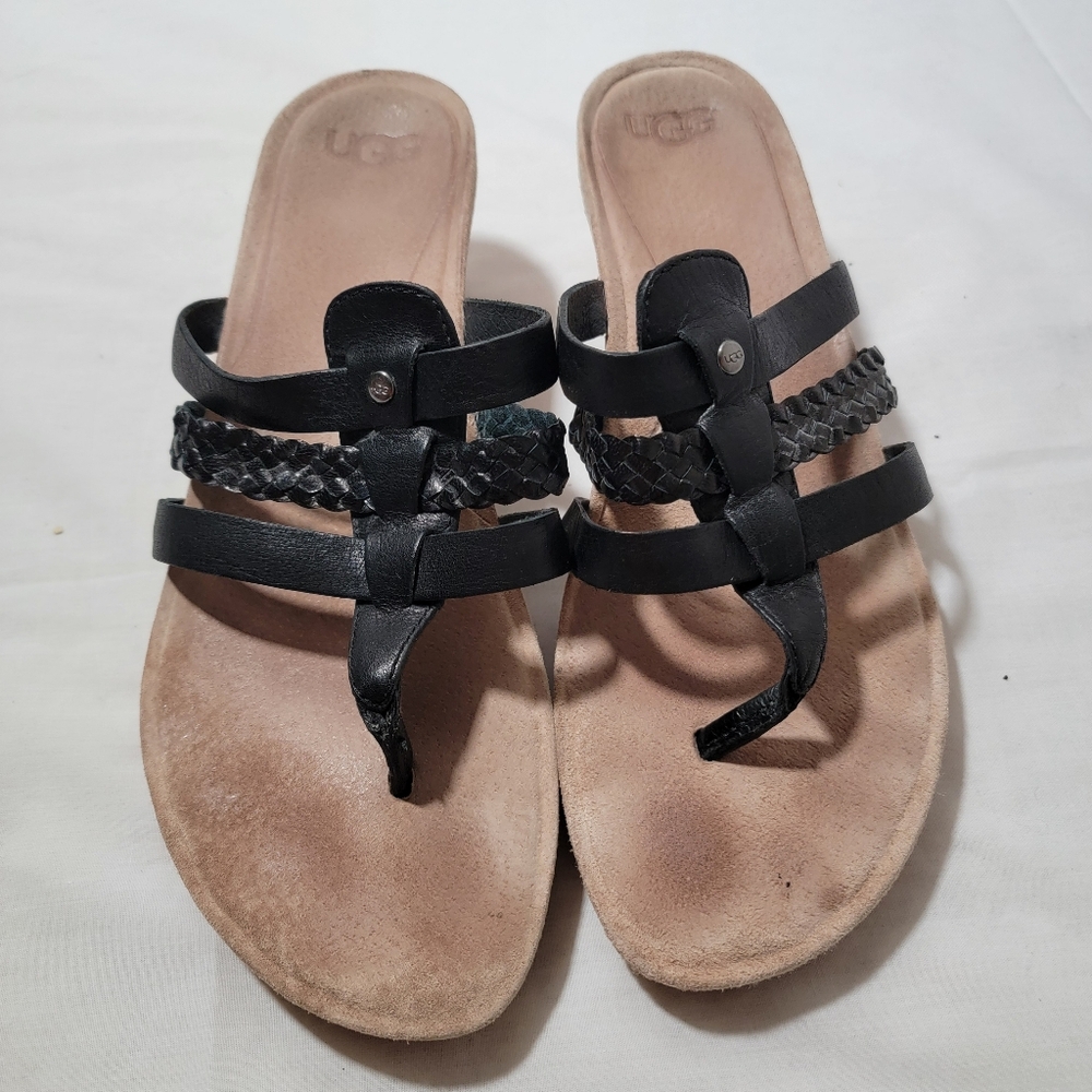 Ugg Women's Maddie Leather, Suede, Cork Black Wedge Thong Slides Sandals Sz 8.5 - Picture 4 of 8